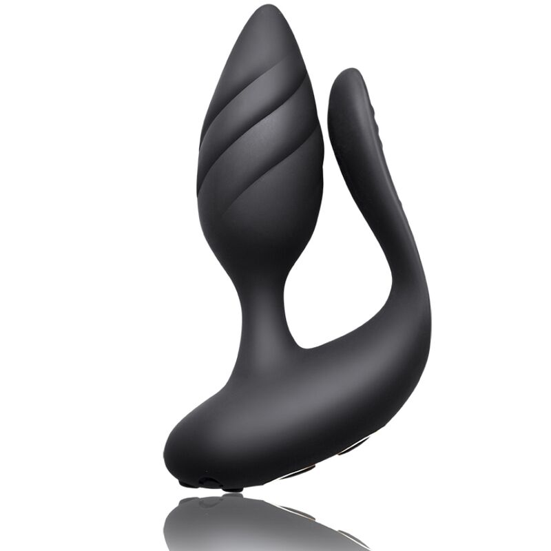 Rocks-Off Cocktail Plug negro en vista frontal, con cuerpo curvado y zona superior texturizada.