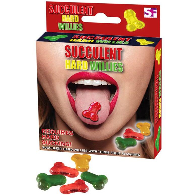 Caja del producto Spencer & Fleetwood con caramelos duros con forma de pene y varias piezas de colores.