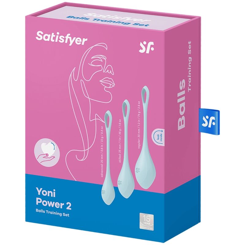 Caja del producto Satisfyer Yoni Power 2 en rosa y azul, con tres bolas ilustradas en el frente.