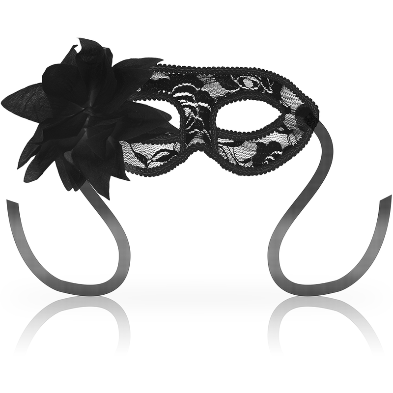 Antifaz veneciano negro de encaje Ohmama Masks con flor lateral grande y cintas elásticas.