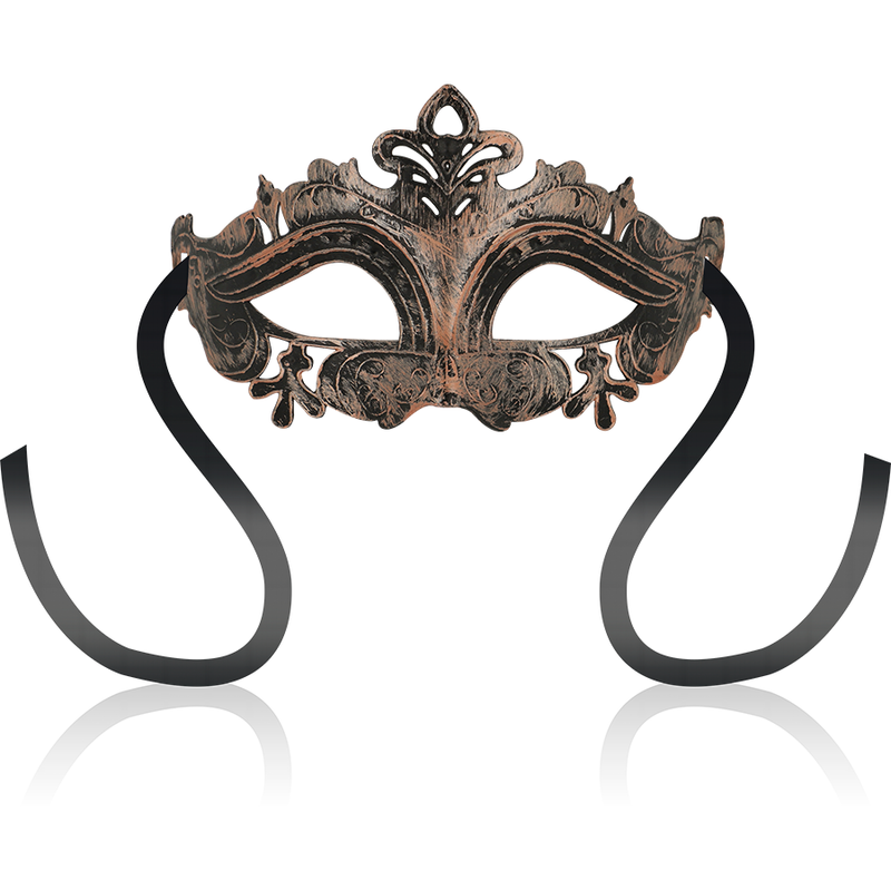 Antifaz veneciano Ohmama Masks color cobre con cintas negras, vista frontal.