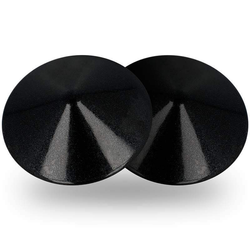 Coquette Chic Desire: dos cubre pezones circulares negros con acabado metálico.