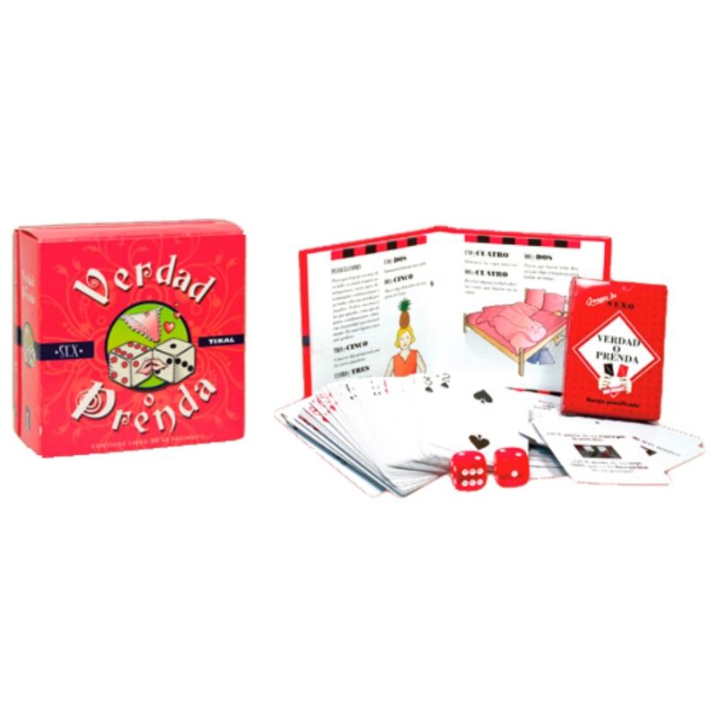 Diablo Picante juego Verdad o Prenda en caja roja, con cartas, dados y libreto abierto.