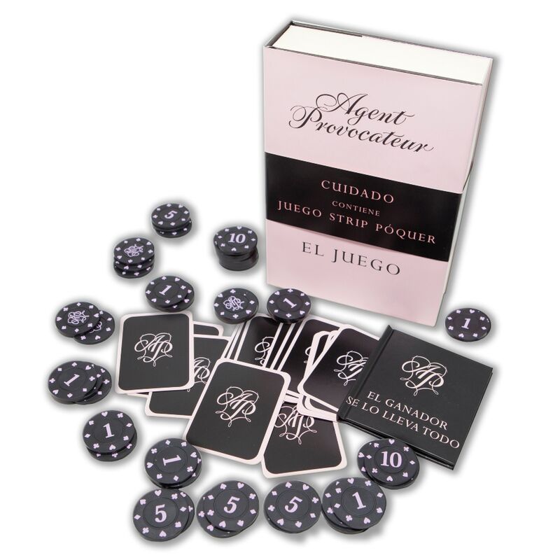 DIABLO PICANTE Strip Poker con caja del juego, cartas negras y fichas redondas.