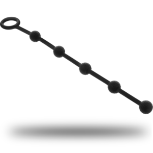 Cadena anal de silicona OHMAMA negra, vista diagonal con aro y varias cuentas estriadas.