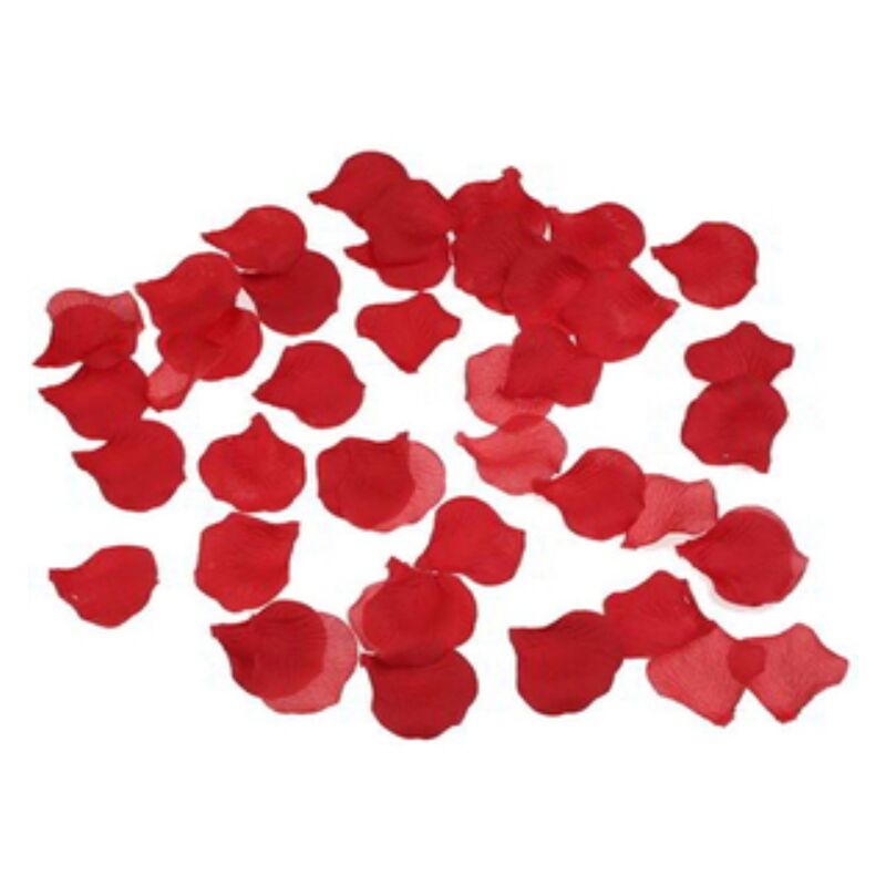 Diablo Picante: 100 pétalos de rosa rojos extendidos sobre fondo blanco.