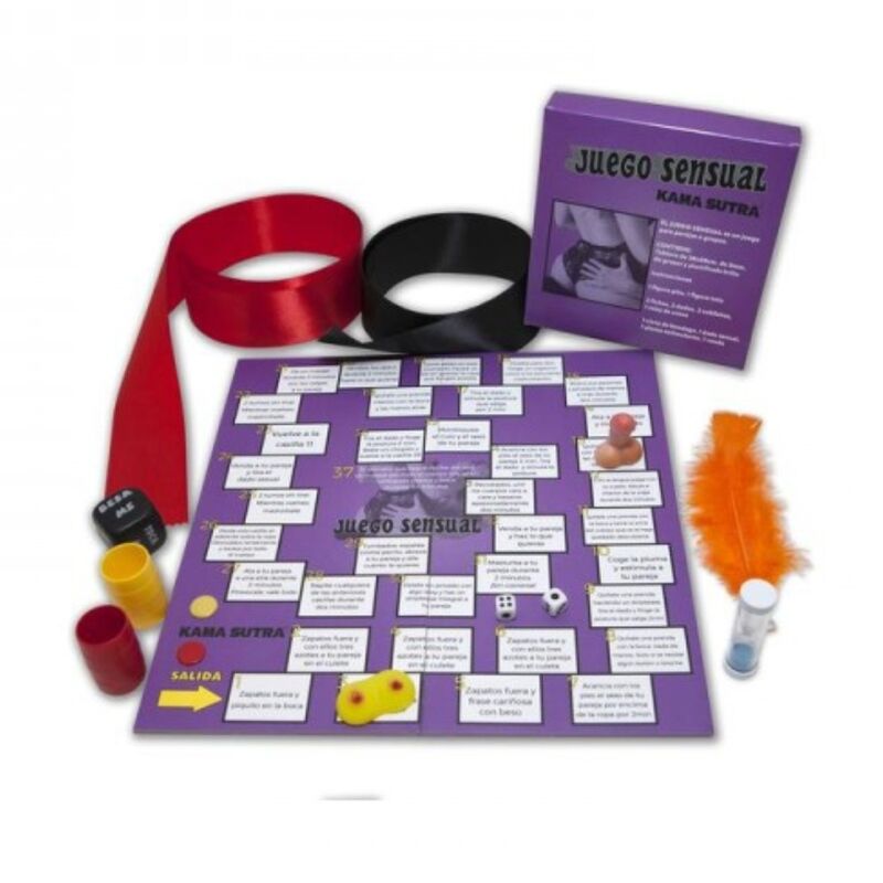 Diablo Picante Juego Sensual con tablero morado, caja del producto y accesorios visibles