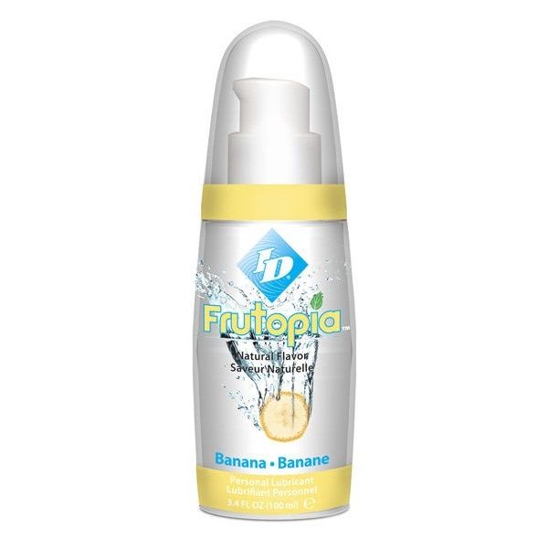 Lubricante personal ID Frutopia sabor plátano en frasco con dosificador.