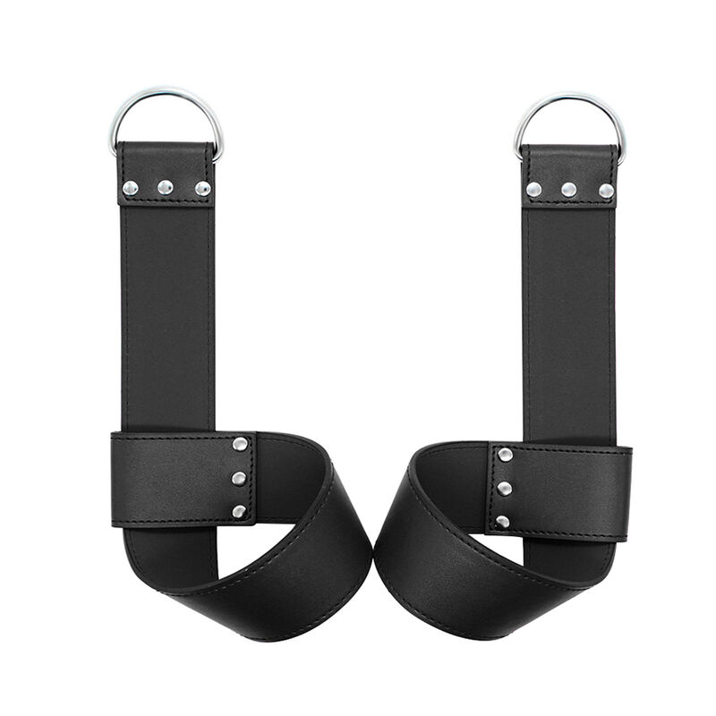 Esposas de suspensión Ohmama Fetish negras, vista frontal del par con aros metálicos.