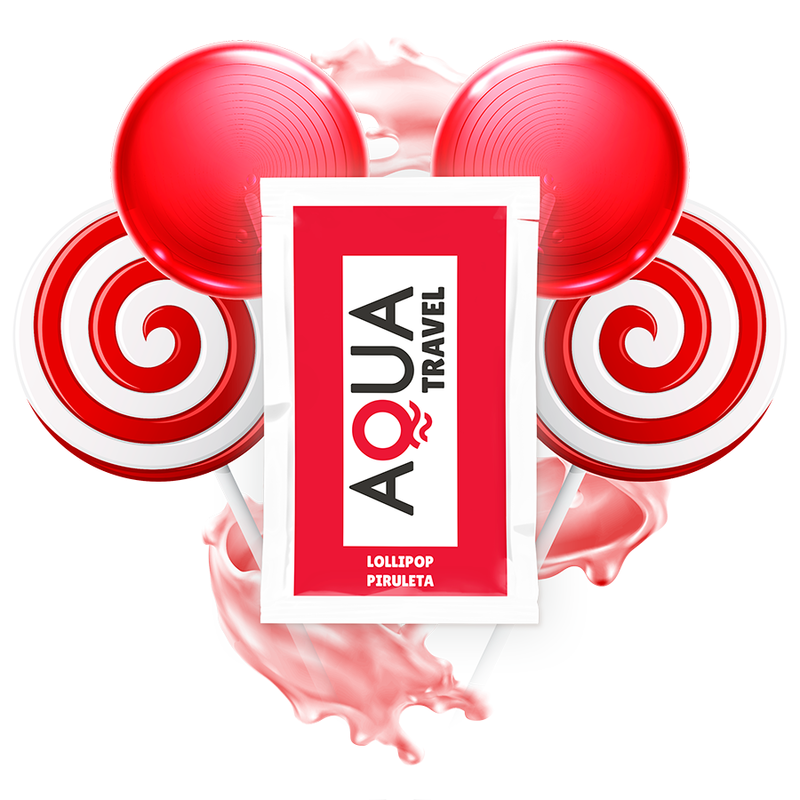 Sobres de lubricante AQUA TRAVEL Piruleta con diseño rojo y blanco.