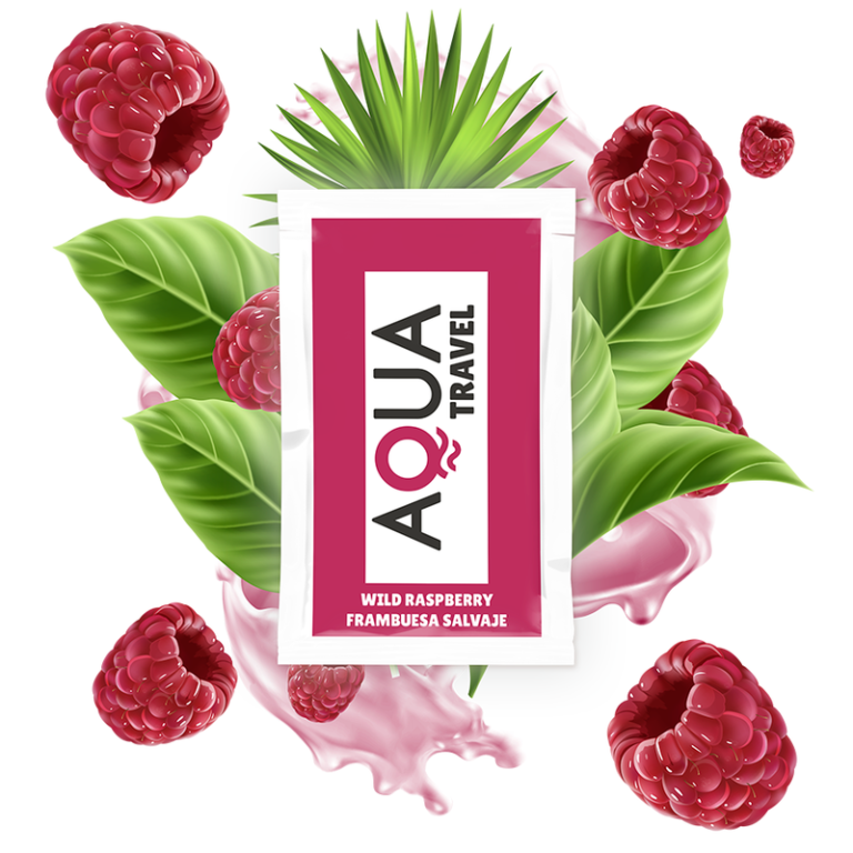 Sachet AQUA TRAVEL de frambuesa salvaje con hojas y frambuesas ilustradas.