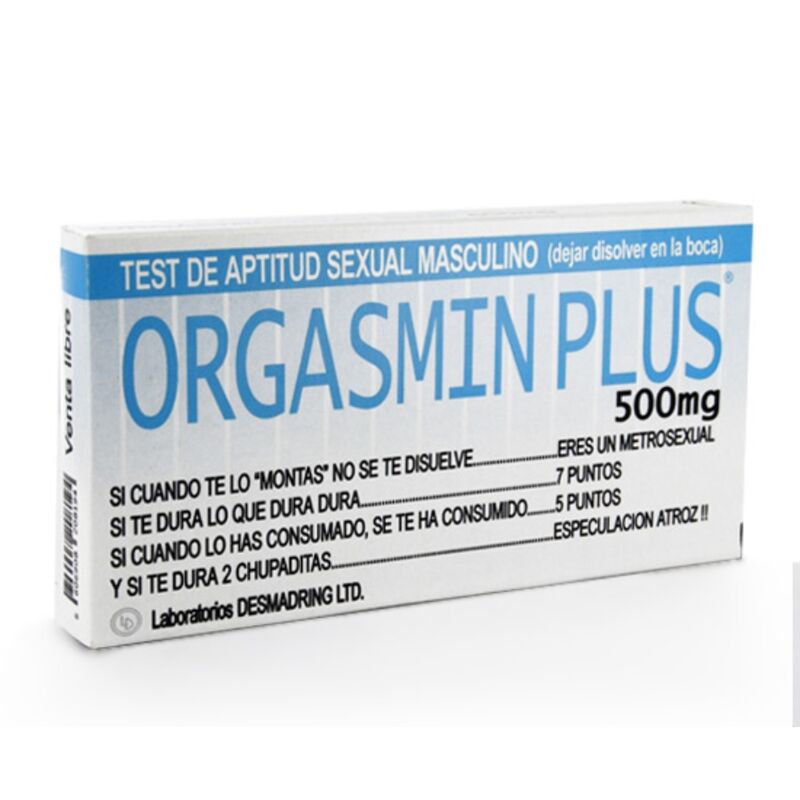 Caja del producto Diablo Goloso Orgasmin Plus, blanca y azul, vista frontal.