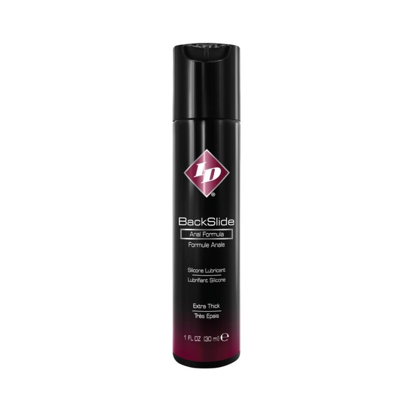 Lubricante ID Back Slide en frasco negro, vista frontal.