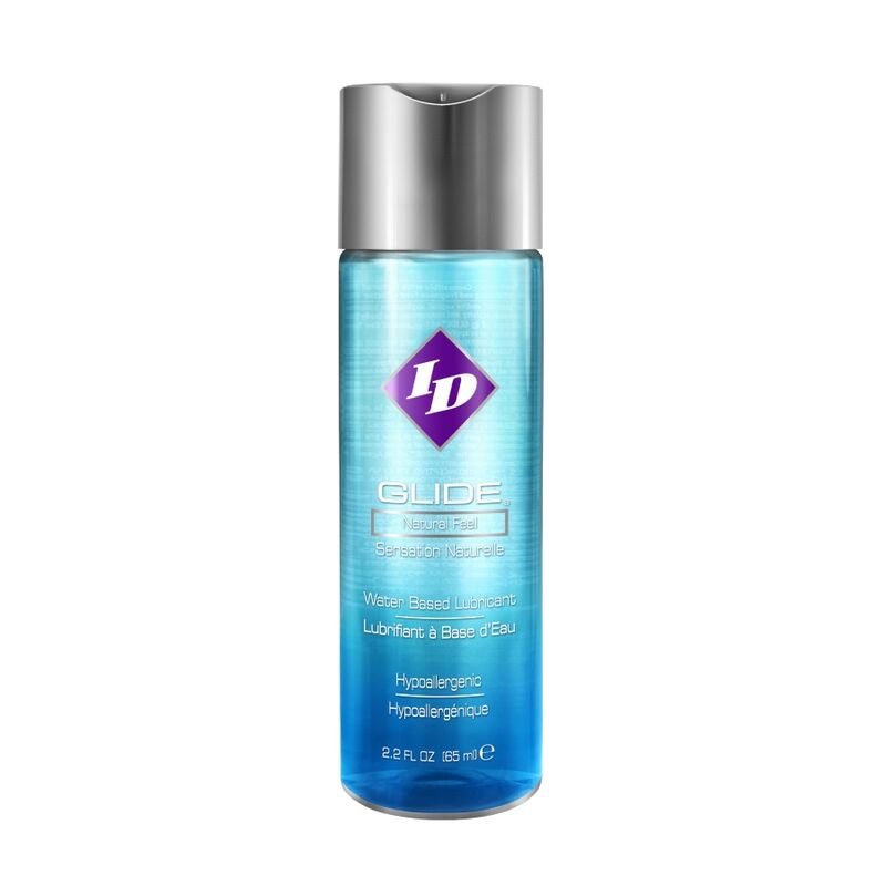 ID GLIDE lubricante de base acuosa en botella azul con tapón plateado