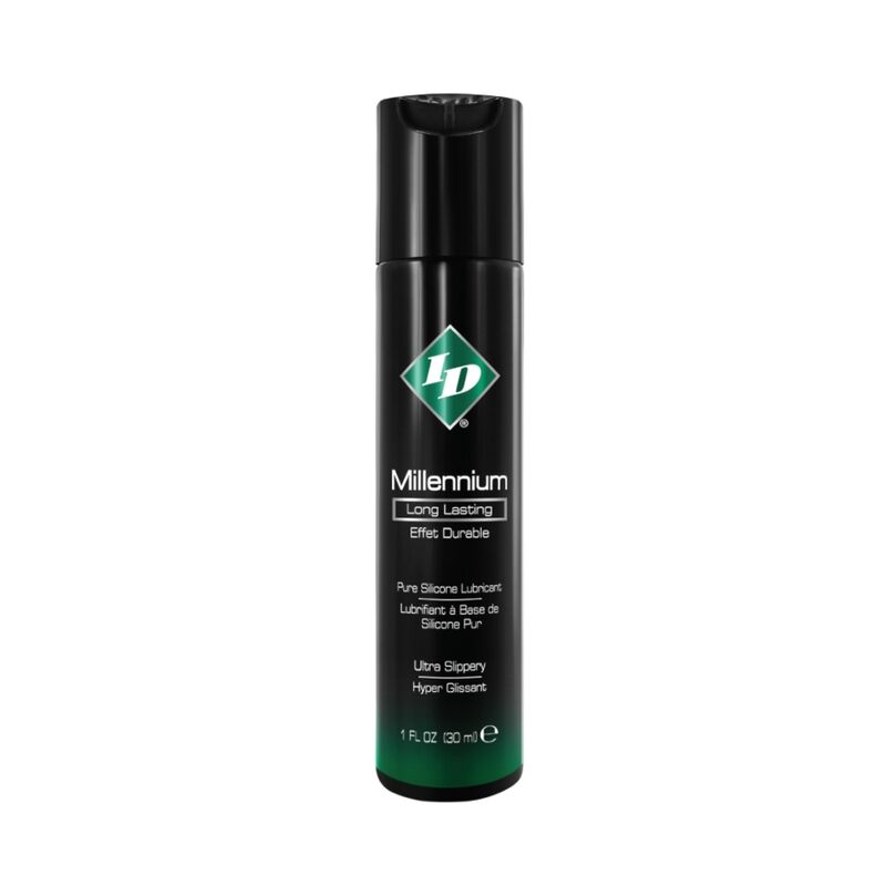 Lubricante ID Millenium en botella negra, vista frontal.