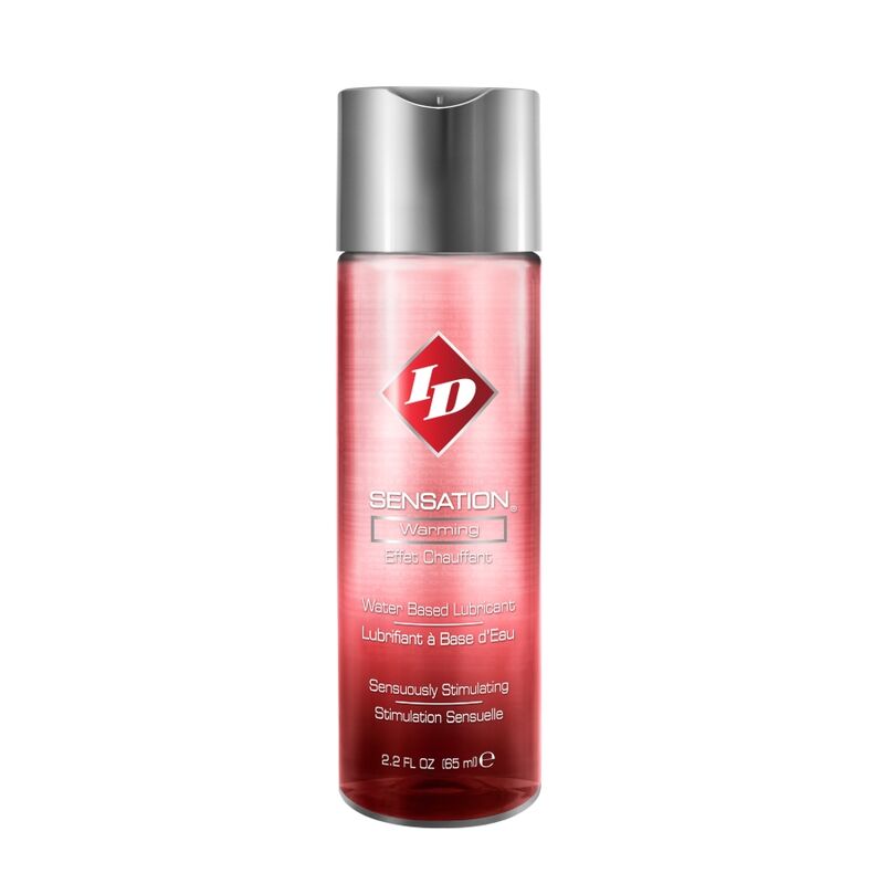 ID Sensation Lubricante con efecto calentador en frasco rojo con tapón plateado, vista frontal.