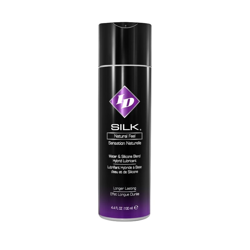 Lubricante ID Silk Natural Feel en botella negra, vista frontal.