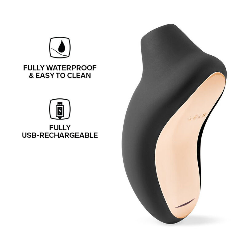 Detalle del LELO SONA 2 Cruise negro con panel frontal beige y iconos de resistencia al agua y carga USB.