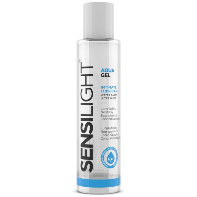 INTIMATELINE Sensilight Aquagel, lubricante íntimo en frasco transparente con detalles azules.