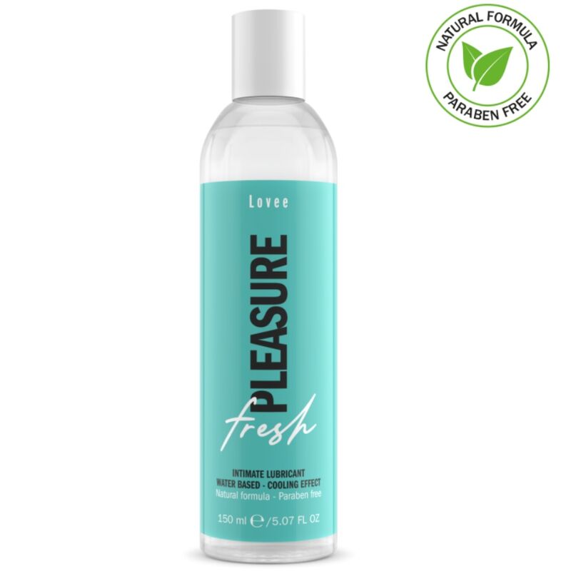 Lubricante íntimo Lovee Fresh Pleasure en botella transparente con etiqueta turquesa.