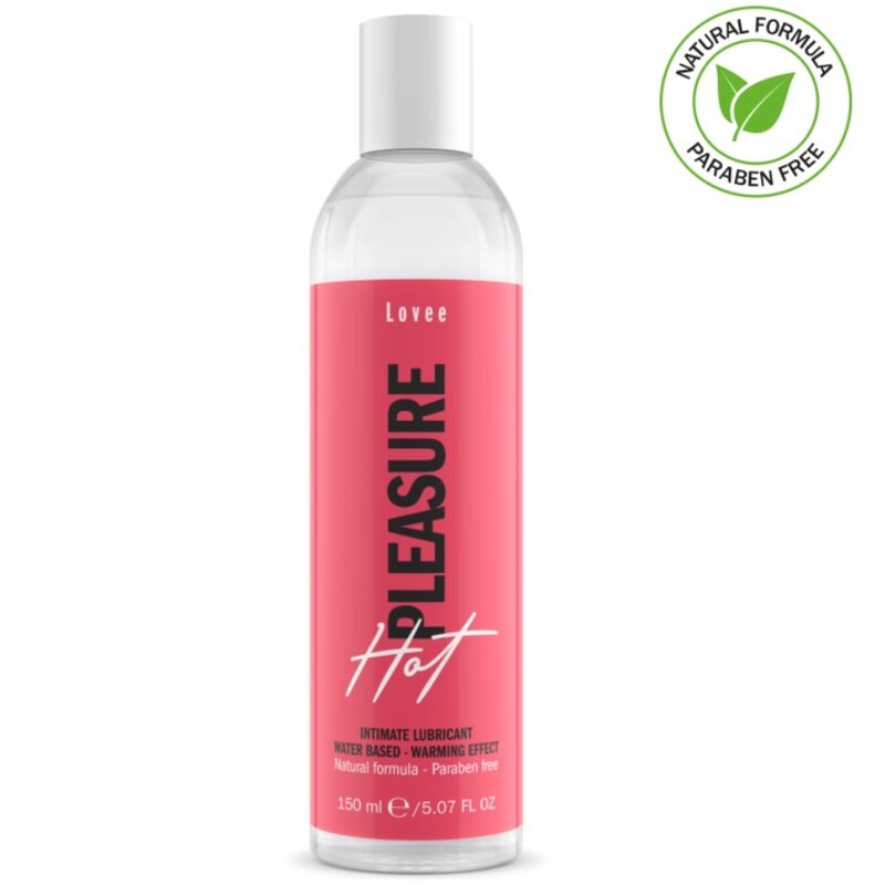 Lubricante íntimo INTIMATELINE Lovee Hot Pleasure en botella transparente con etiqueta rosa.