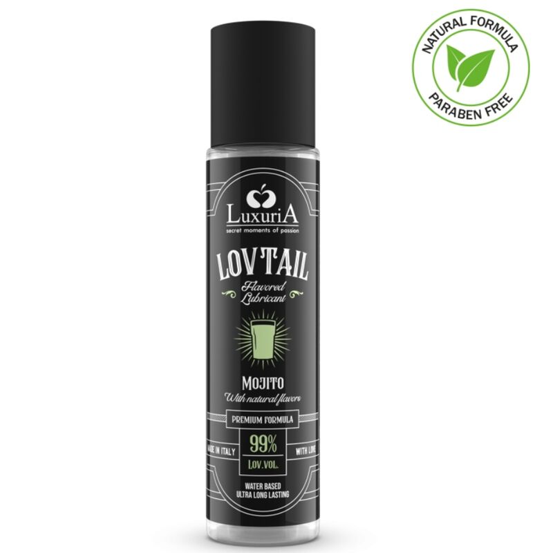 Lubricante íntimo INTIMATELINE Luxuria Lovtail Mojito en botella negra con etiqueta frontal.