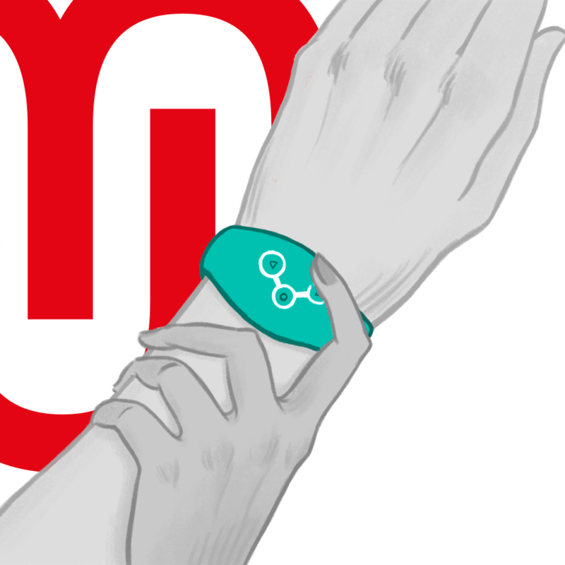 WATCHME mando reloj inalámbrico turquesa en la muñeca, con manos ilustradas.