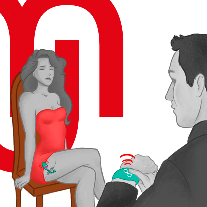 Ilustración del mando reloj inalámbrico WATCHME Aquamarine en uso, con una mujer sentada y un hombre en perfil.