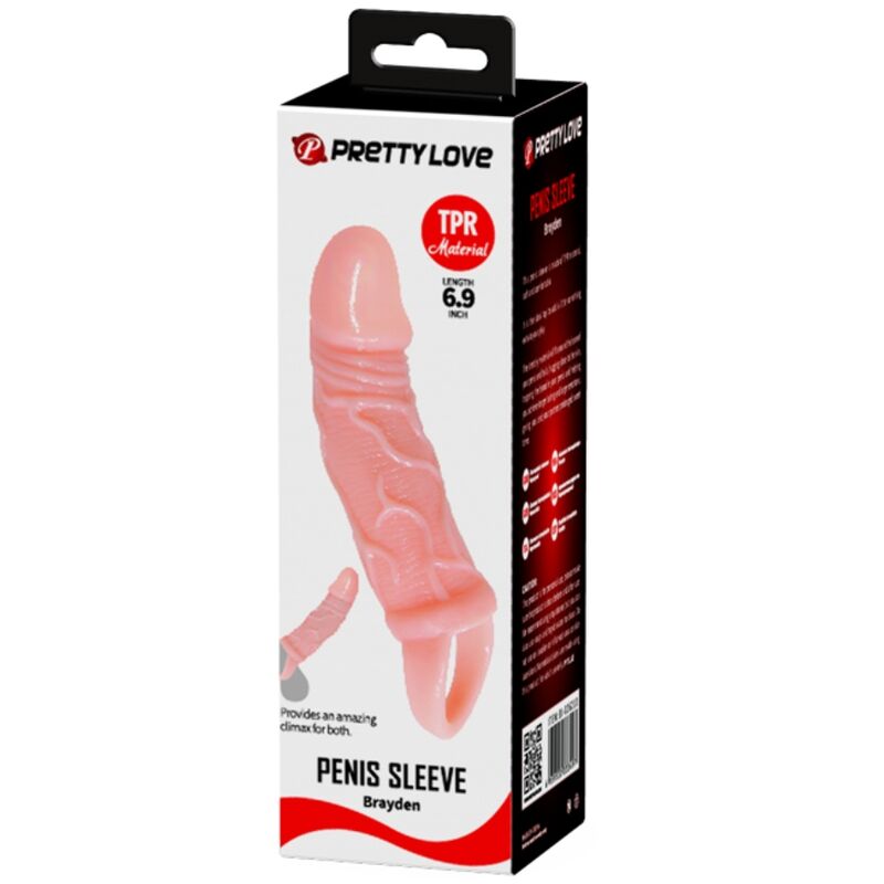 Caja del producto Pretty Love con funda para pene rosa ilustrada en el frontal.