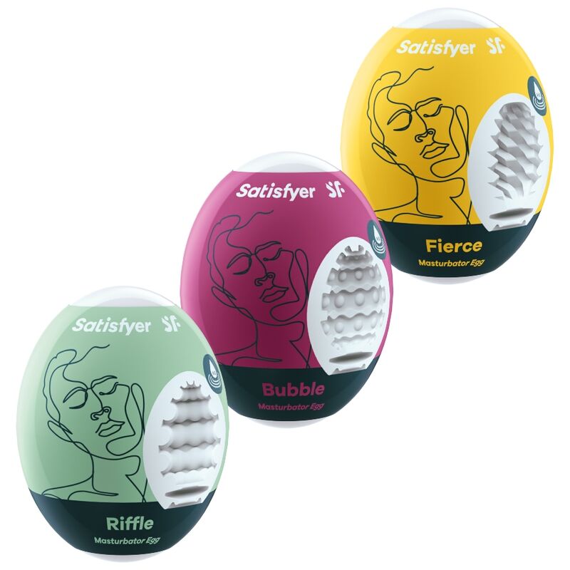 Packshot de los huevos masturbadores Satisfyer Riffle, Bubble y Fierce en tres colores.