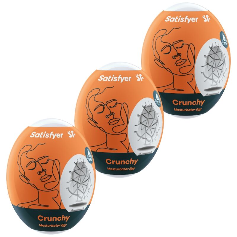 Tres huevos masturbadores Satisfyer Crunchy naranjas en vista frontal.