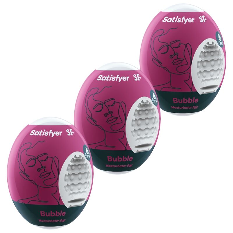 Tres huevos masturbadores Satisfyer Bubble en color rosa, vistos de frente.