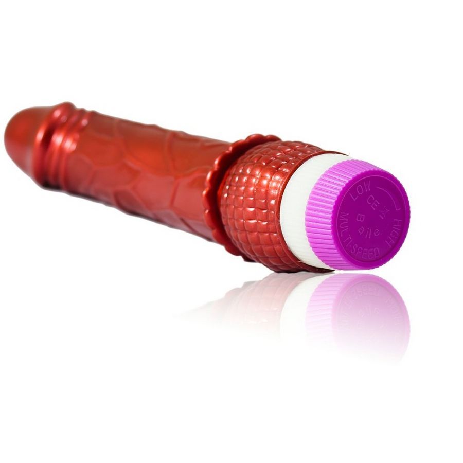 Vibrador realista rojo de BAILE con extremo morado, vista lateral.