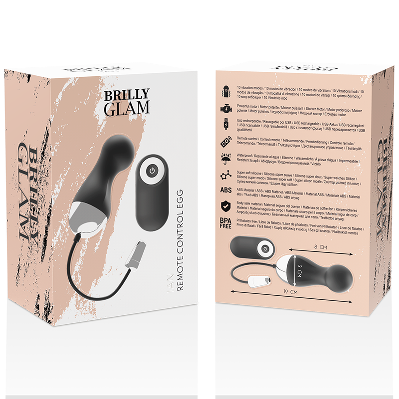 Caja del Brilly Glam Ian con ilustraciones del vibrador tipo huevo y el mando a distancia.