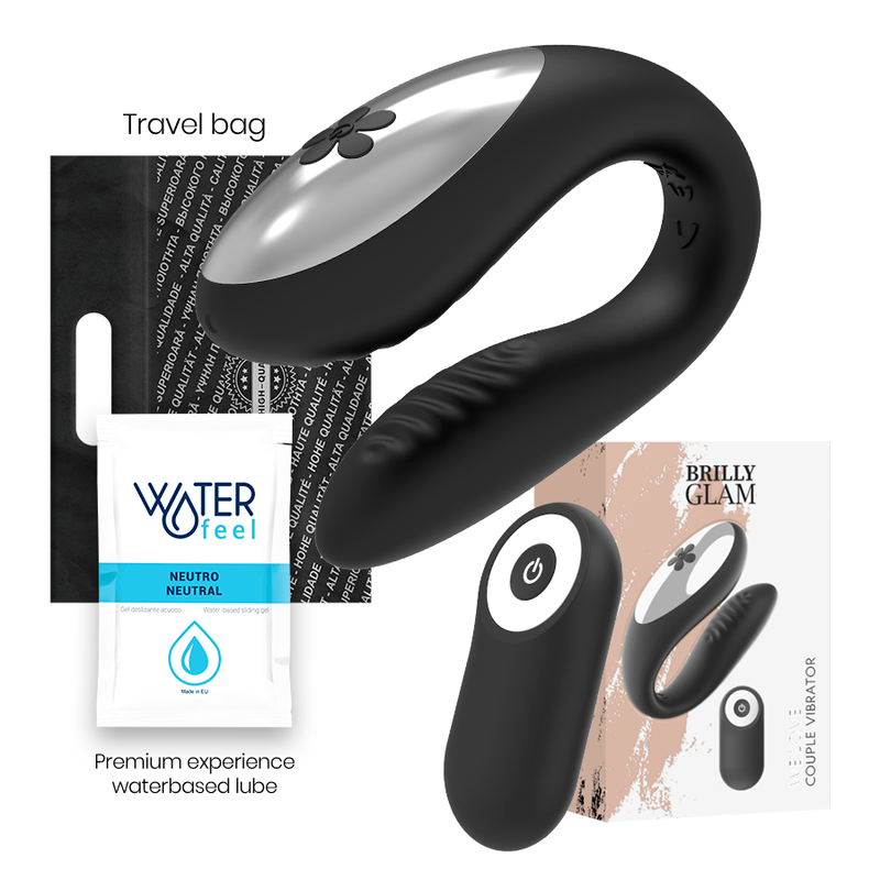 Caja del producto Brilly Glam We Love con vibrador negro, mando, bolsa y lubricante.