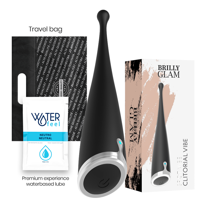 Caja del producto BRILLY GLAM Spot Vibe con vibrador negro, bolsa de viaje y lubricante.