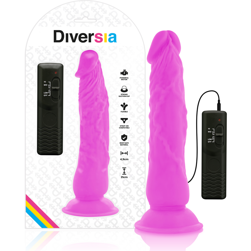 DIVERSIA dildo vibrador morado con ventosa y mando, junto a la caja del producto.