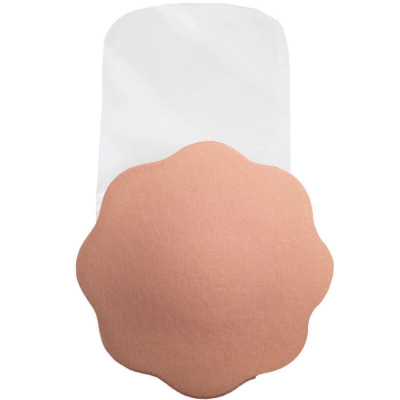 BYE-BRA Multi Elevador Pecho Push-Up con parche adhesivo en tono piel y soporte blanco visible.