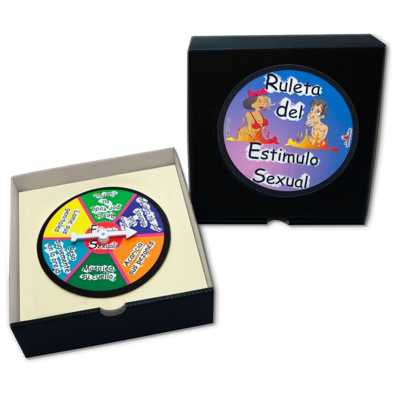 Diablo Picante Ruleta de estimulación sexual en caja abierta, con la ruleta visible dentro.