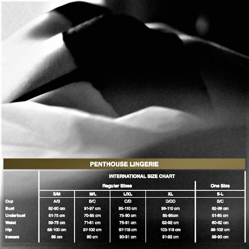 Tabla de tallas internacional de Penthouse Lingerie para tanga Penthouse Classified Thong.