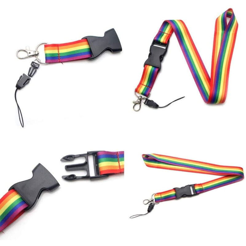 Detalle del lanyard PRIDE con rayas arcoíris y cierre negro.