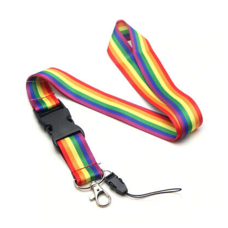 Lanyard PRIDE con bandera arcoíris y cierre negro.