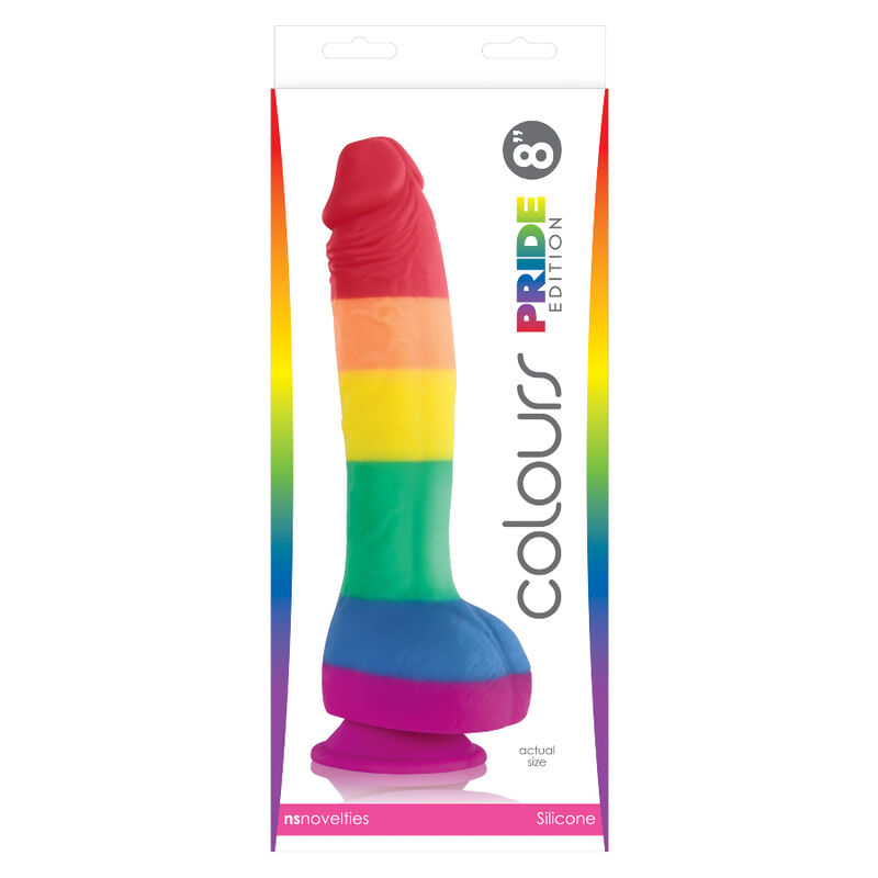 Caja del producto Pride edición colores arcoíris con dildo visible.