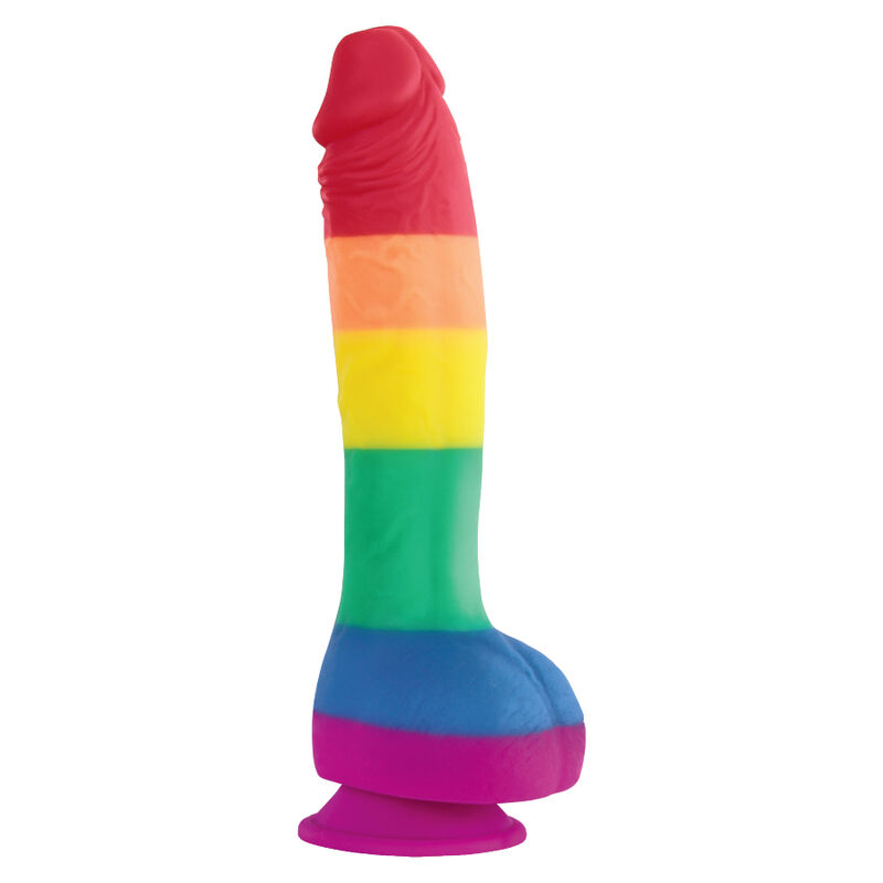 Dildo Pride con franjas arcoíris y base de succión, vista frontal.
