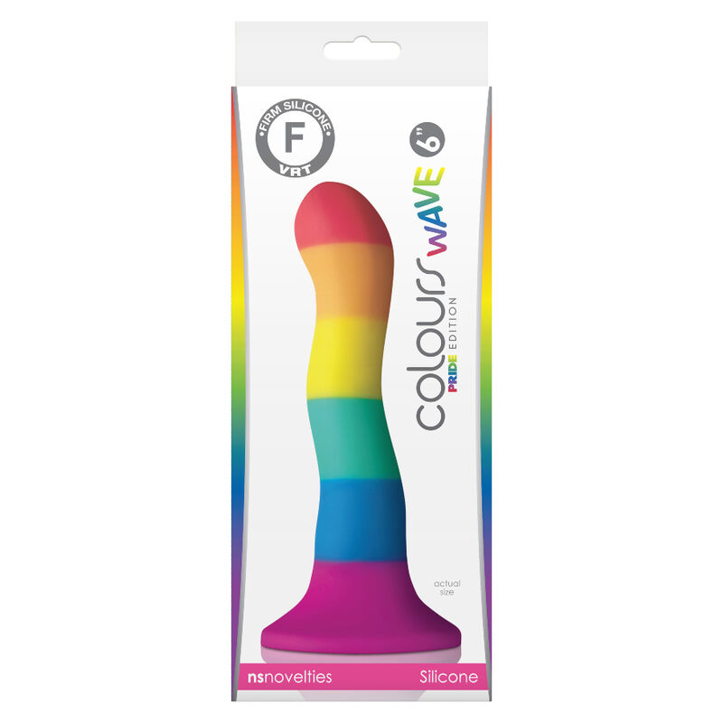 Caja del producto Pride Wave Dildo con franjas arcoíris y ventana frontal.