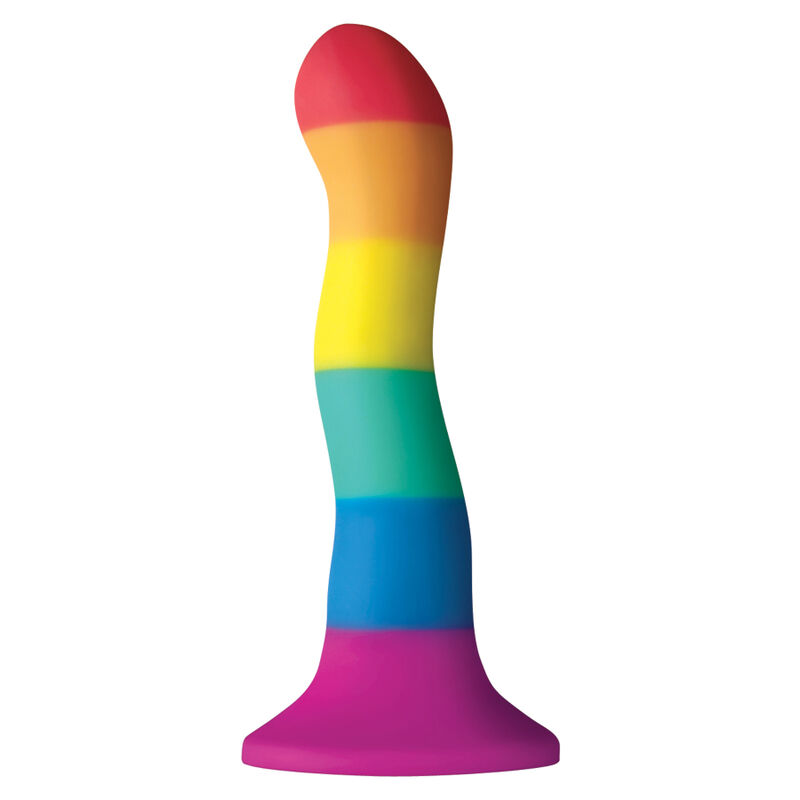 Pride Wave Dildo arcoíris, vista frontal con base ancha.