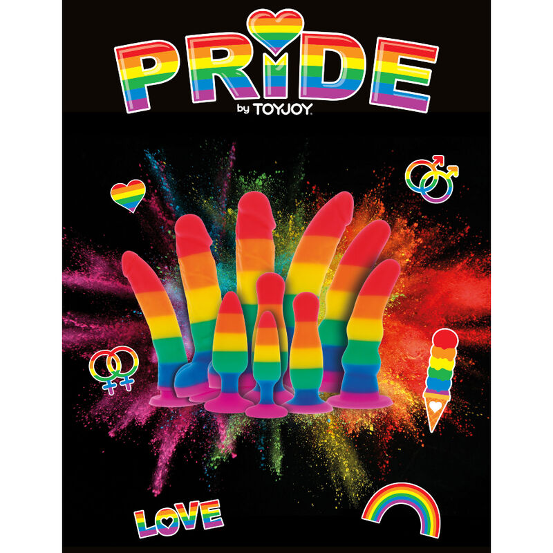 Caja del producto PRIDE by TOYJOY con varios dildos arcoíris sobre fondo negro.