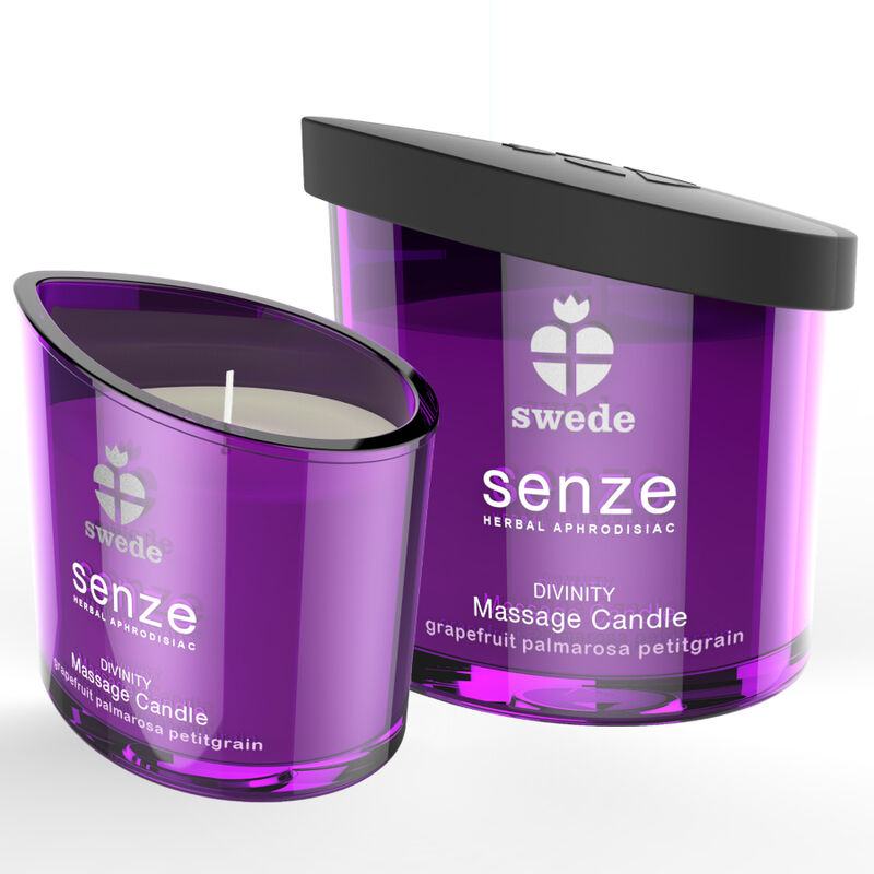Vela de masaje Swede Senze Divinity en envase morado, con tapa negra y la vela abierta al lado.