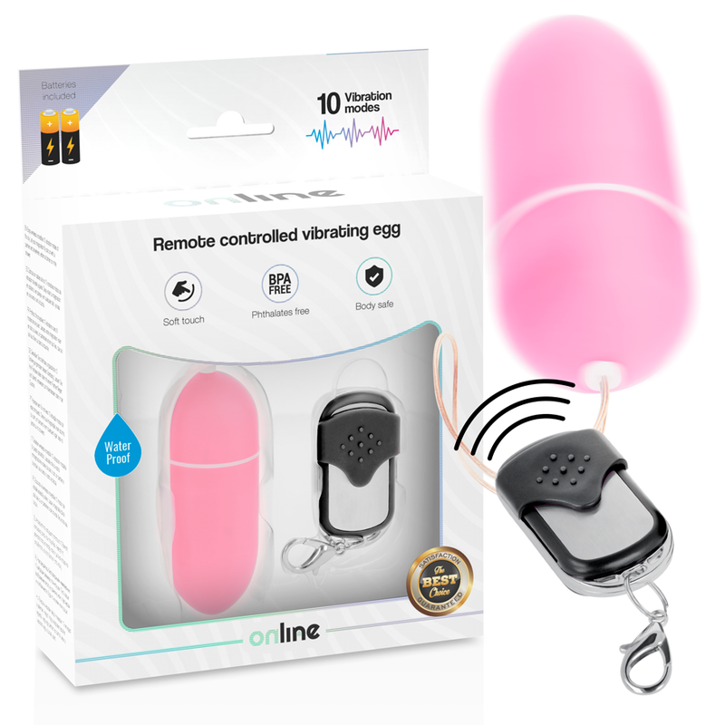 Huevo vibrador rosa ONLINE con mando a distancia junto a su caja.