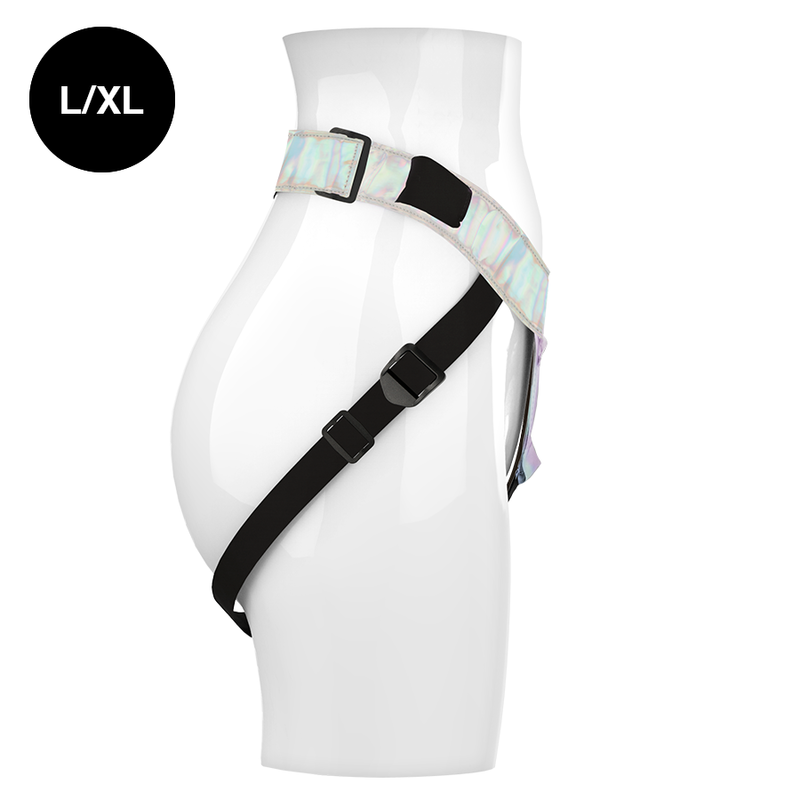 Detalle lateral del Mythology Fantasy Harness iridiscente en talla L/XL.